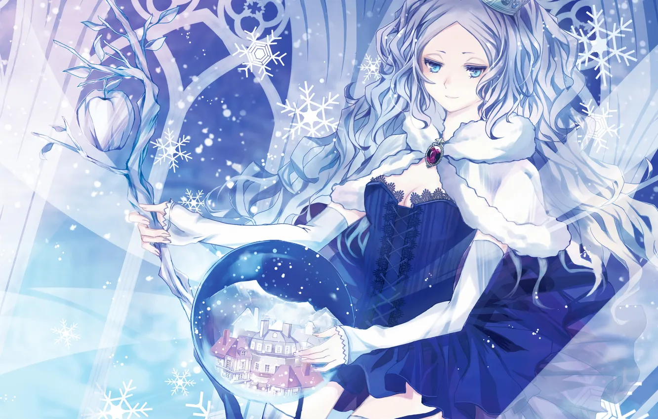 Фото обои девушка, снежинки, улыбка, яблоко, корона, посох, art, nozomi fuuten