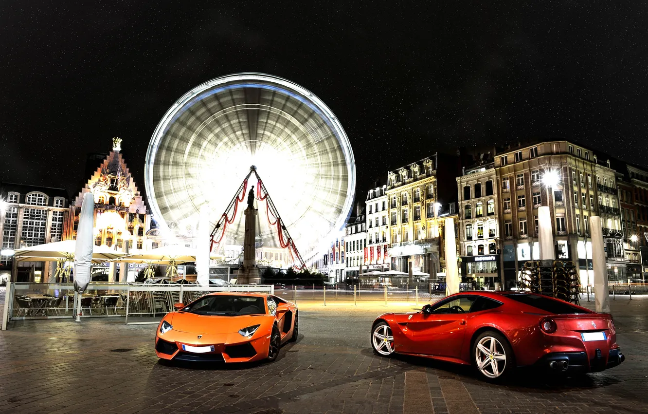 Фото обои ночь, оранжевый, красный, город, огни, Ferrari, red, lamborghini