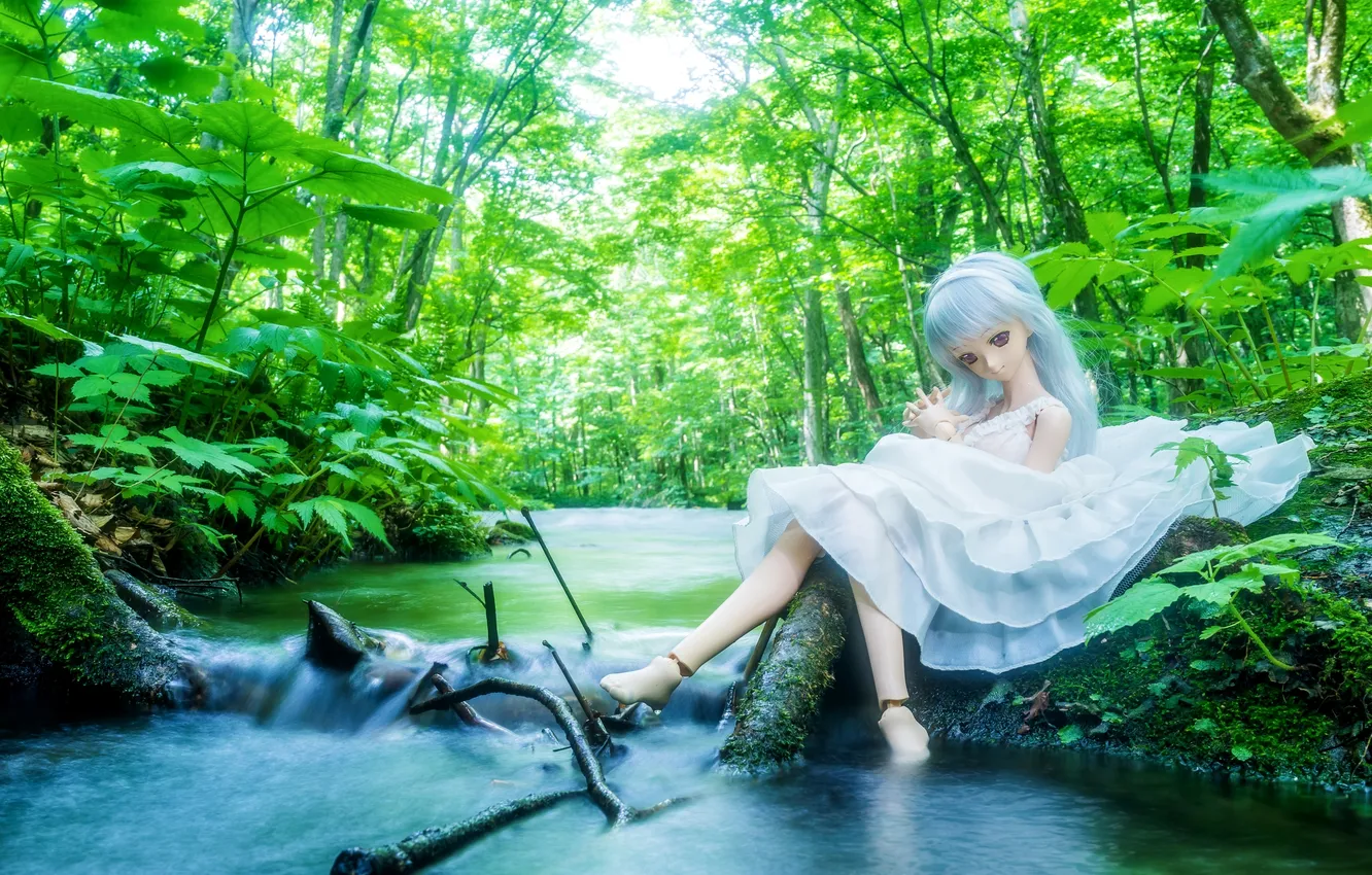 Фото обои лес, вода, деревья, река, кукла, платье
