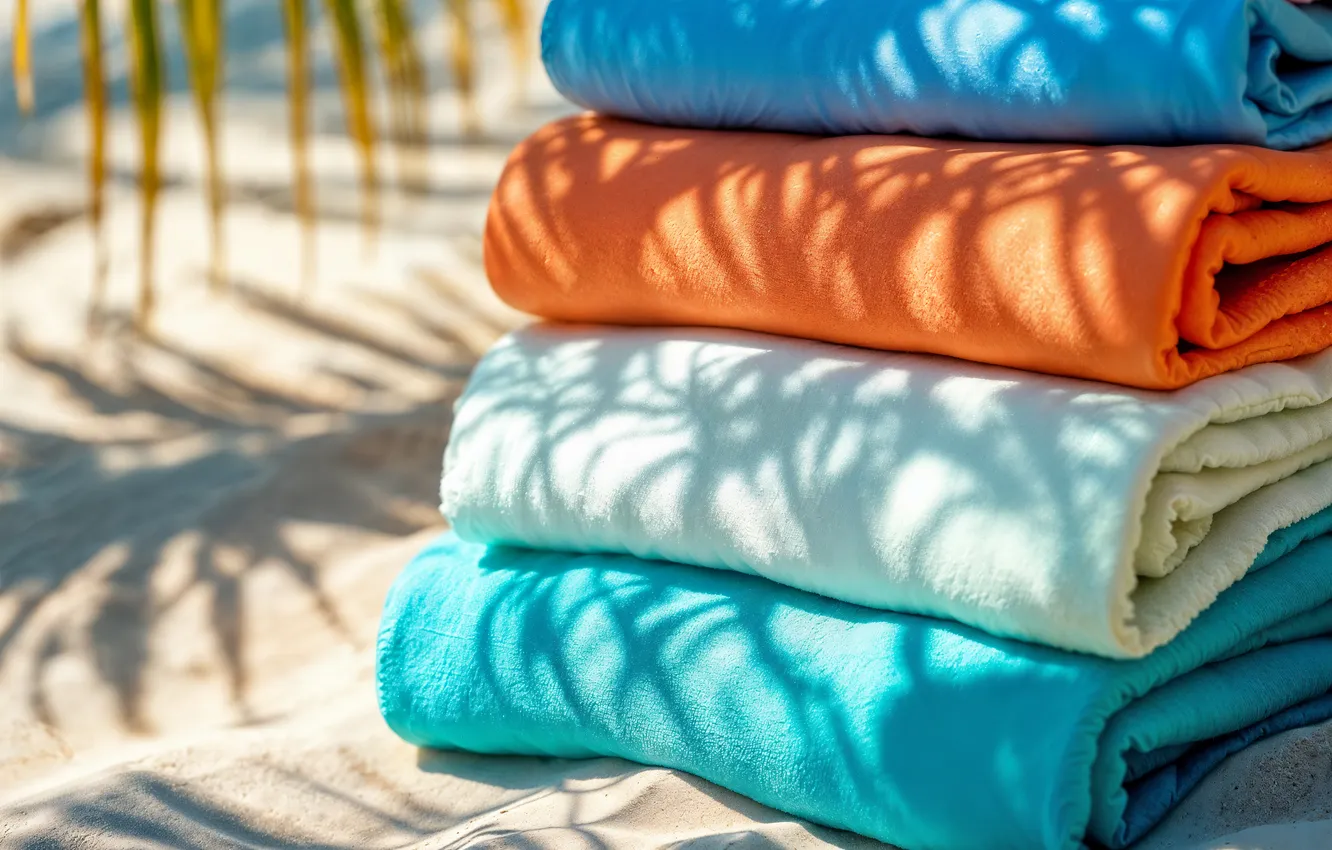 Фото обои colorful, beach, sand, towels, stacked