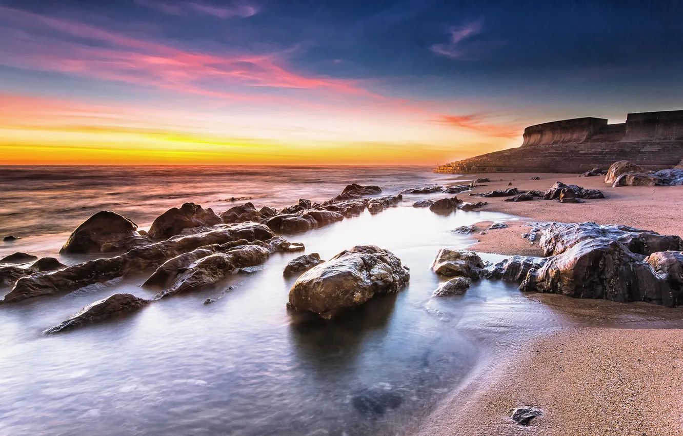 Фото обои rock, beach, ocean, coast, sunrise