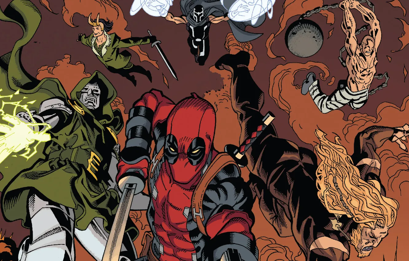Фото обои красный, Deadpool, Дэдпул, comics, Magneto, Магнето, MARVEL, Локи