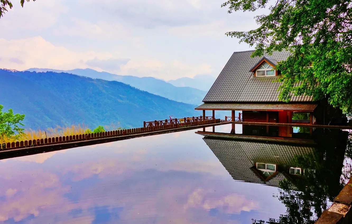 Фото обои горы, дом, вид, высота, бассейн, в горах, Taiwan, Taichung City
