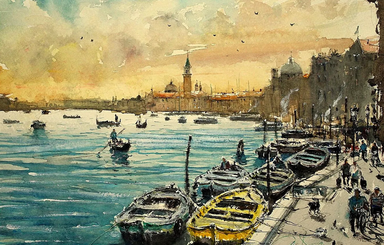 Фото обои дома, картина, лодки, акварель, Венеция, городской пейзаж, Максимилиан Дамико