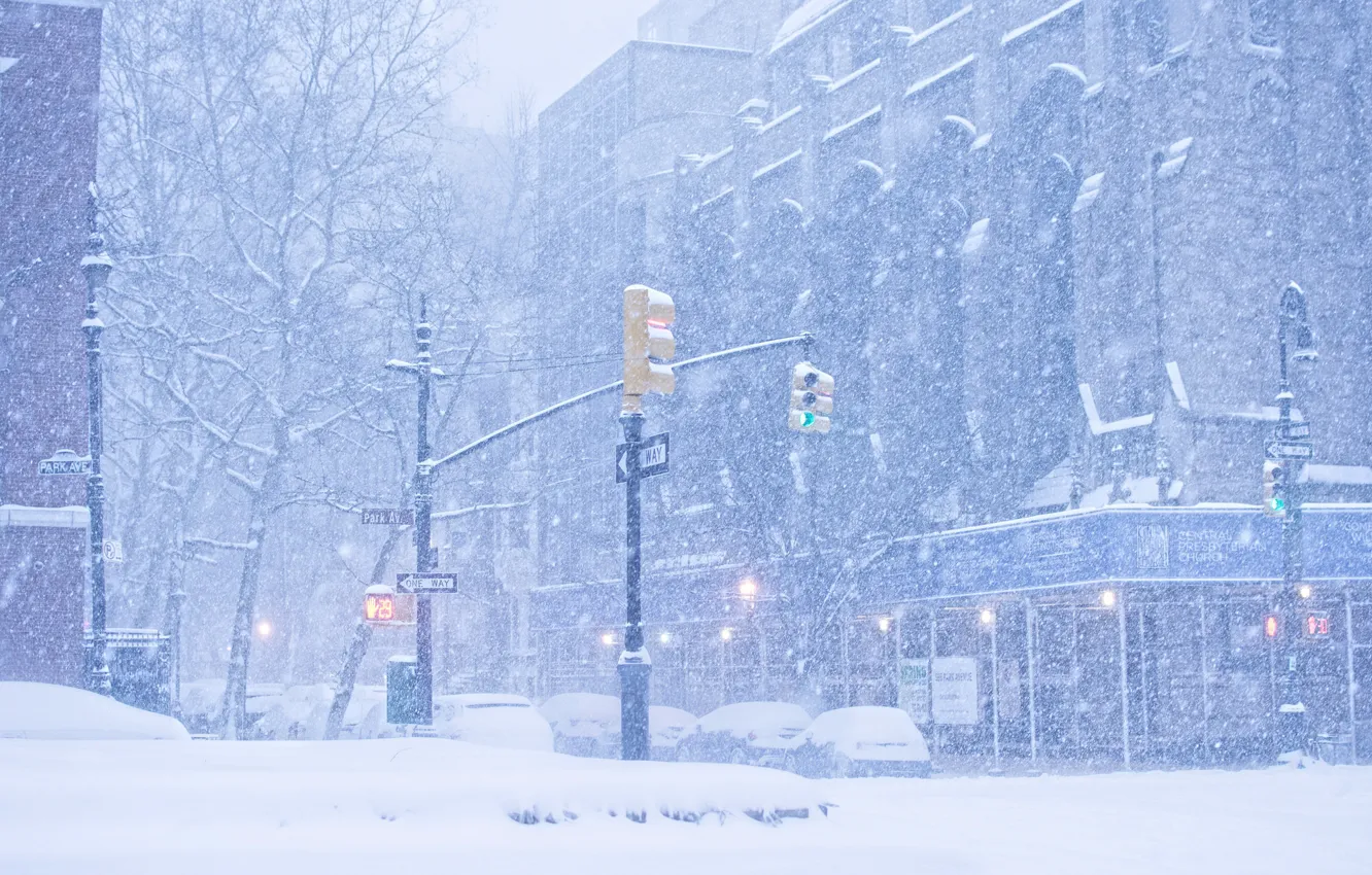 Фото обои зима, город, Нью-Йорк, Снегопад, «Джонсон»