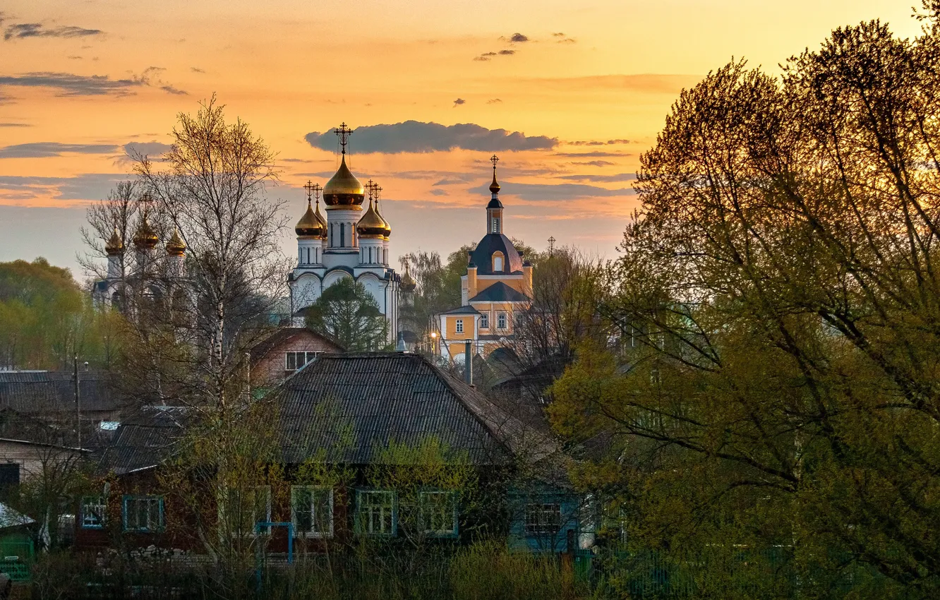 Фото обои пейзаж, закат, город, дома, храм, Переславль-Залесский