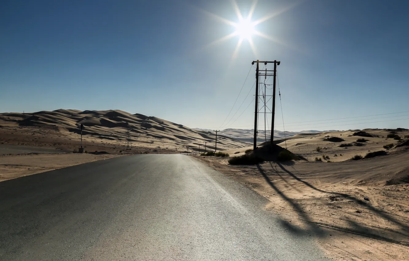 Фото обои дорога, пустыня, утро, лэп