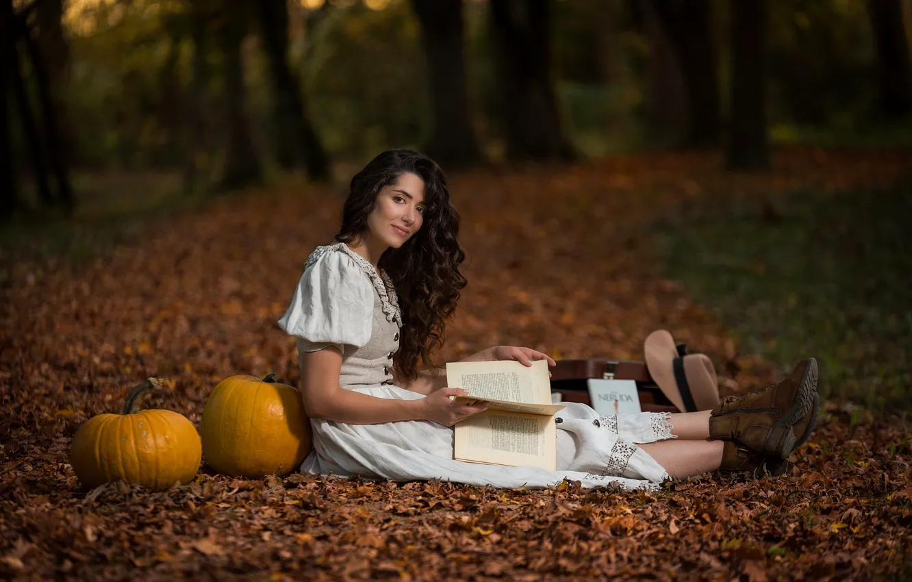 Фото обои осень, взгляд, листья, девушка, поза, парк, тыквы, книга
