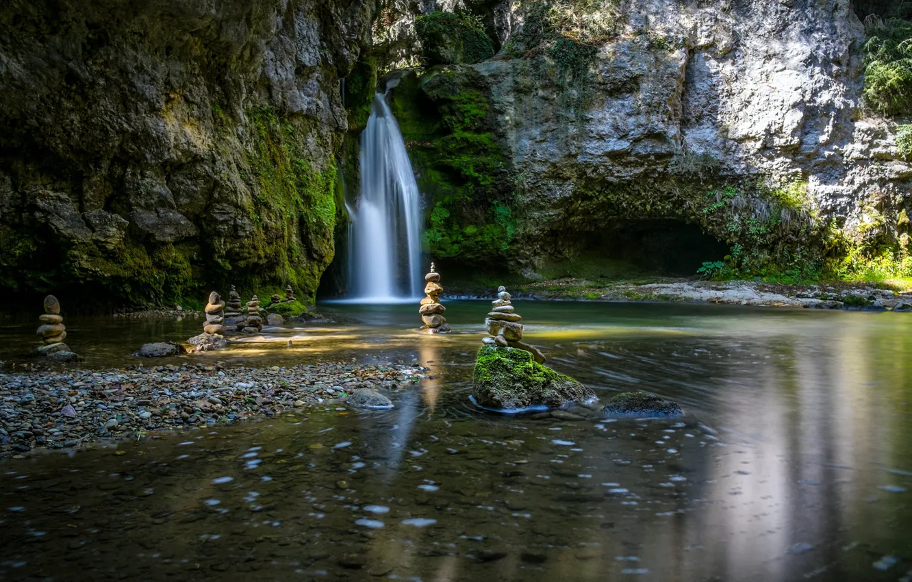 Фото обои вода, камни, скалы, водопад, мох, Швейцария