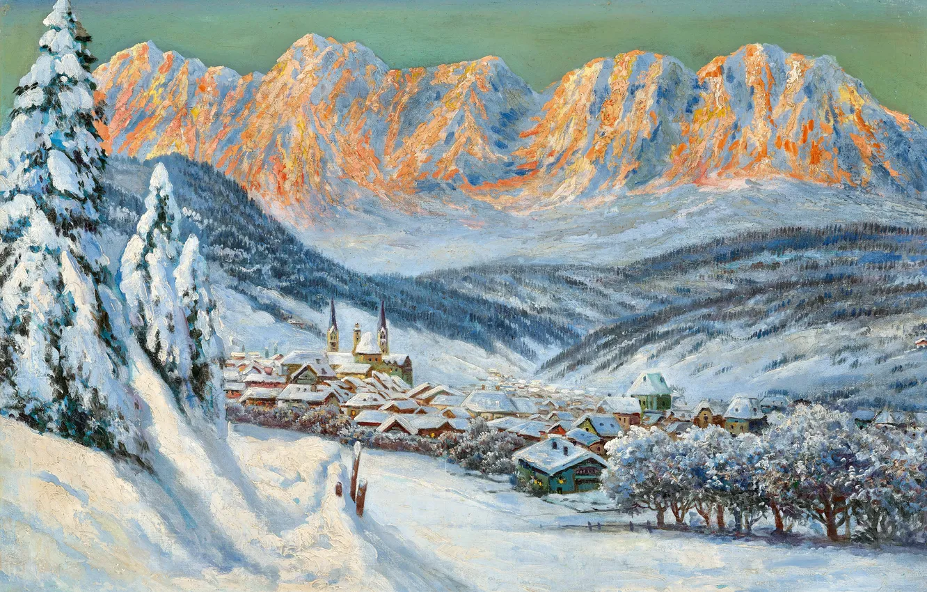 Фото обои Дома, Зима, Горы, Деревья, Снег, Картина, Alois Arnegger, Алоис Арнеггер