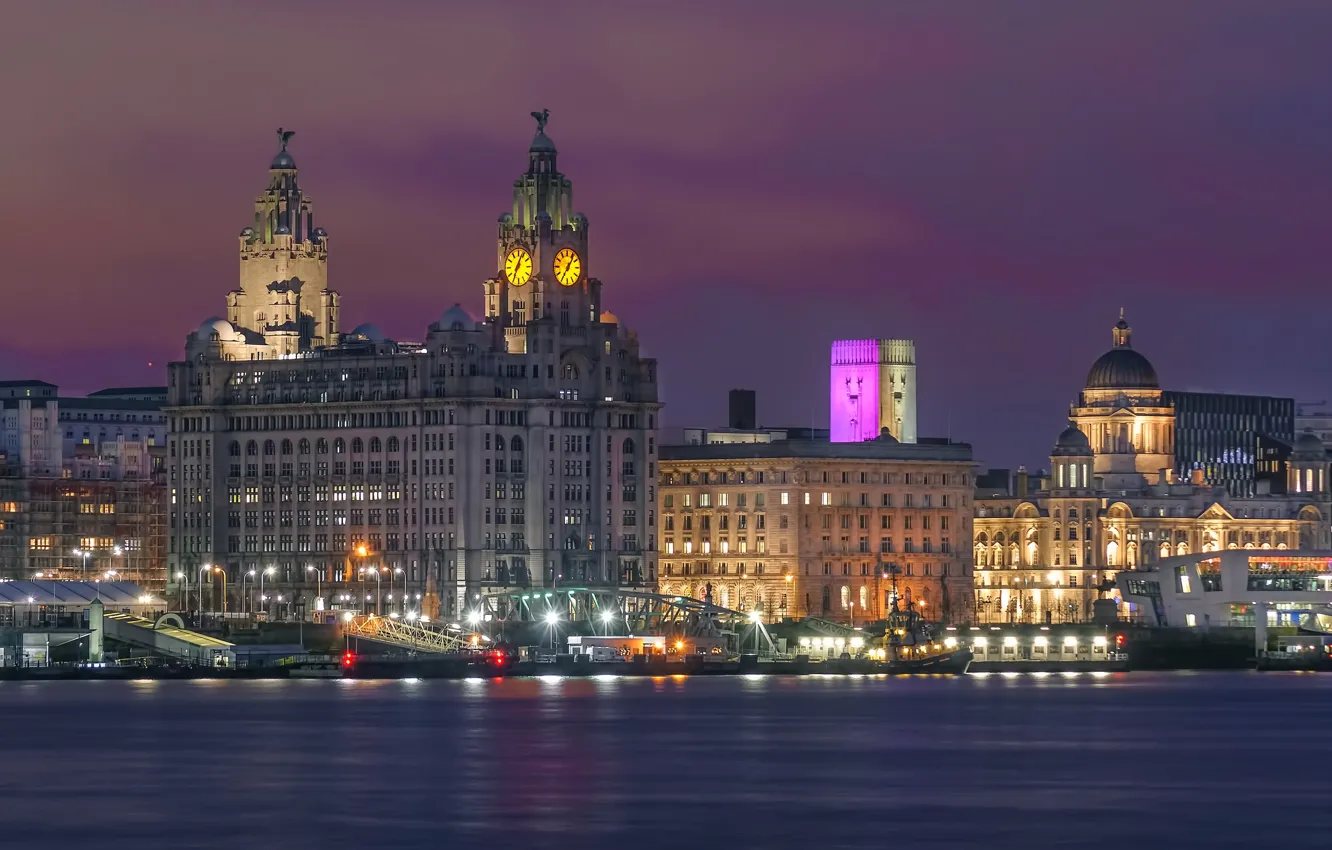 Фото обои ночь, огни, река, Англия, дома, фонари, Ливерпуль, Liverpool