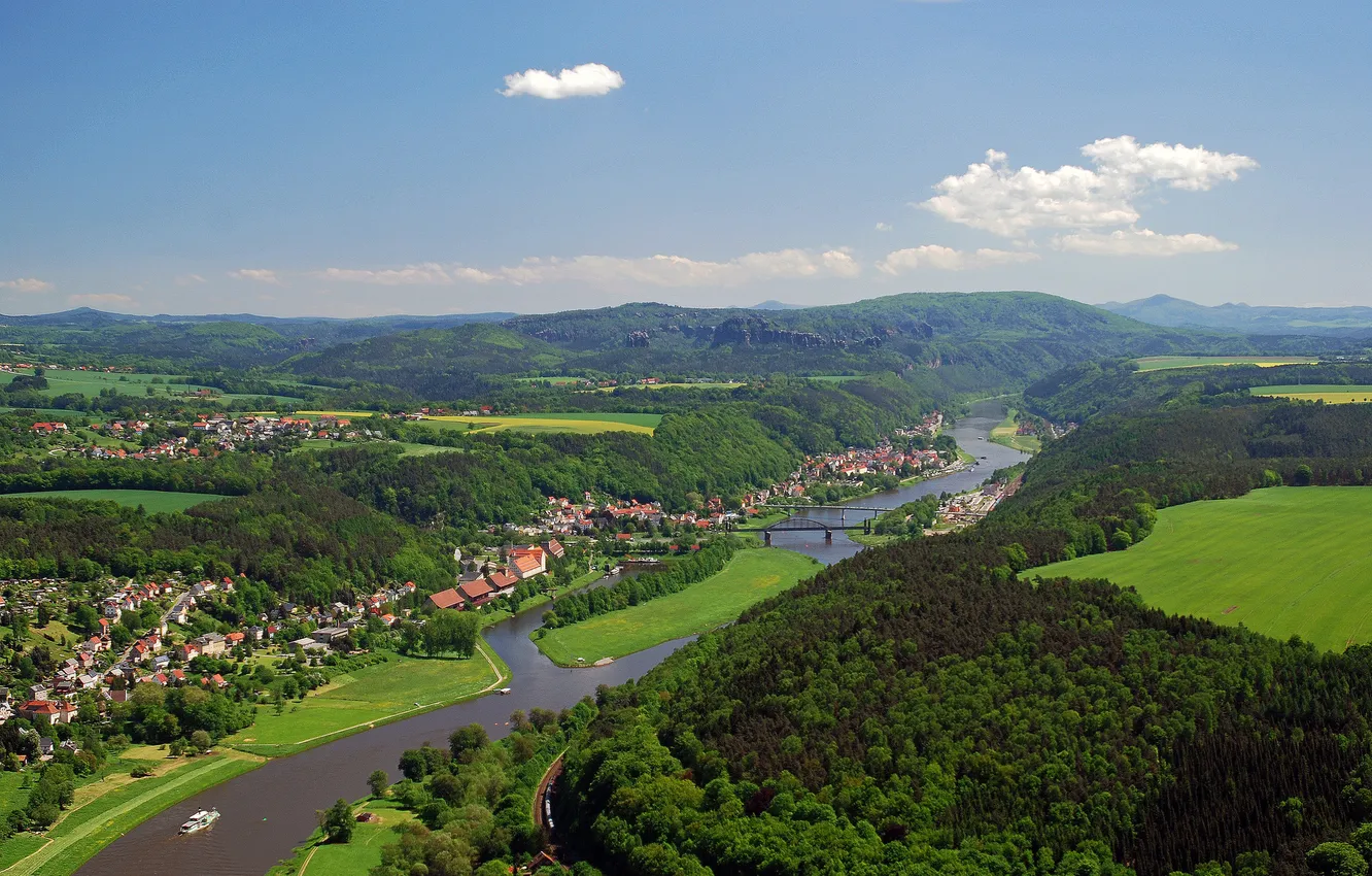 Фото обои небо, деревья, мост, город, река, Германия, долина