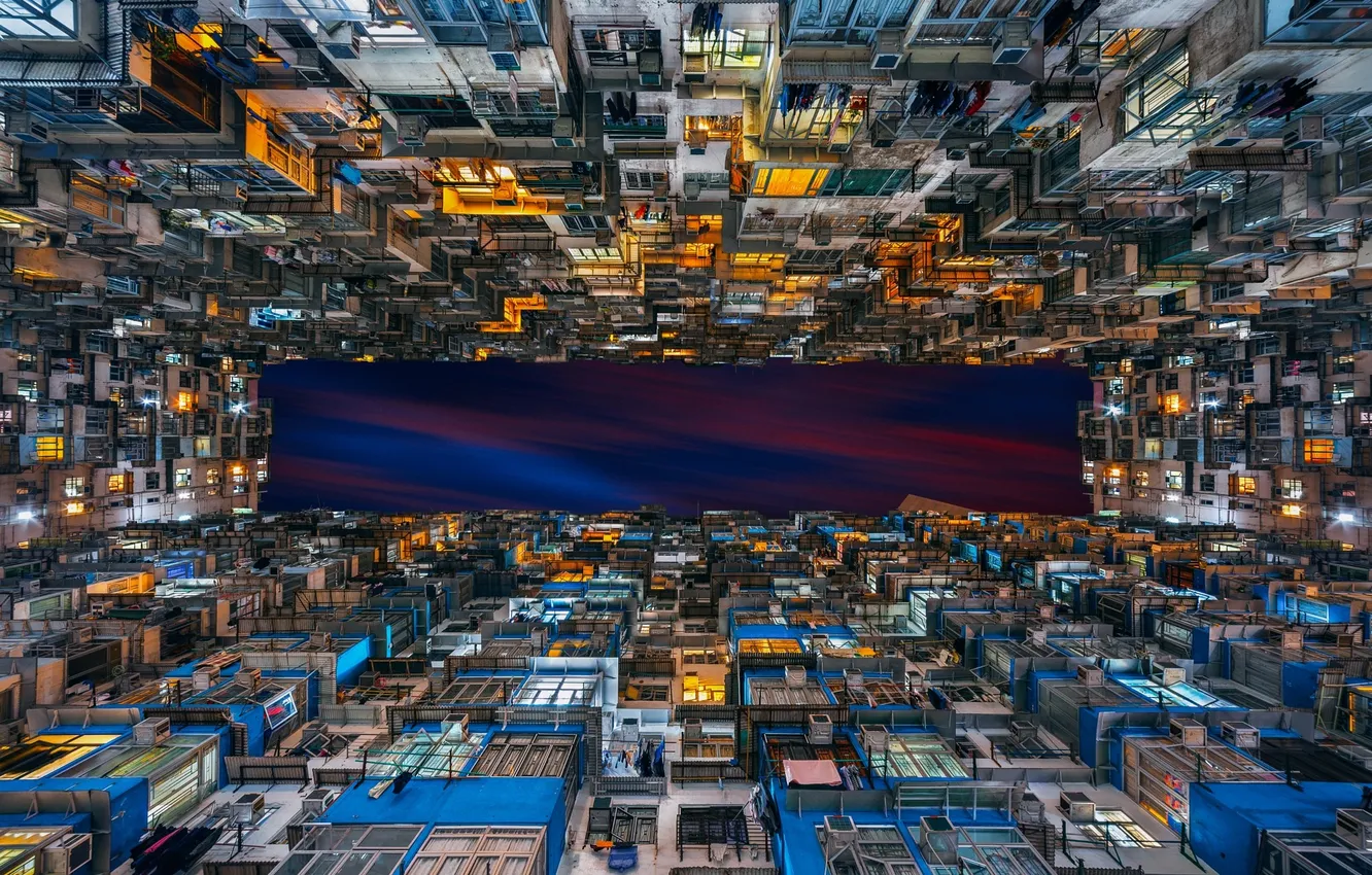 Фото обои небо, ночь, здания, Гонконг, Китай, высотки