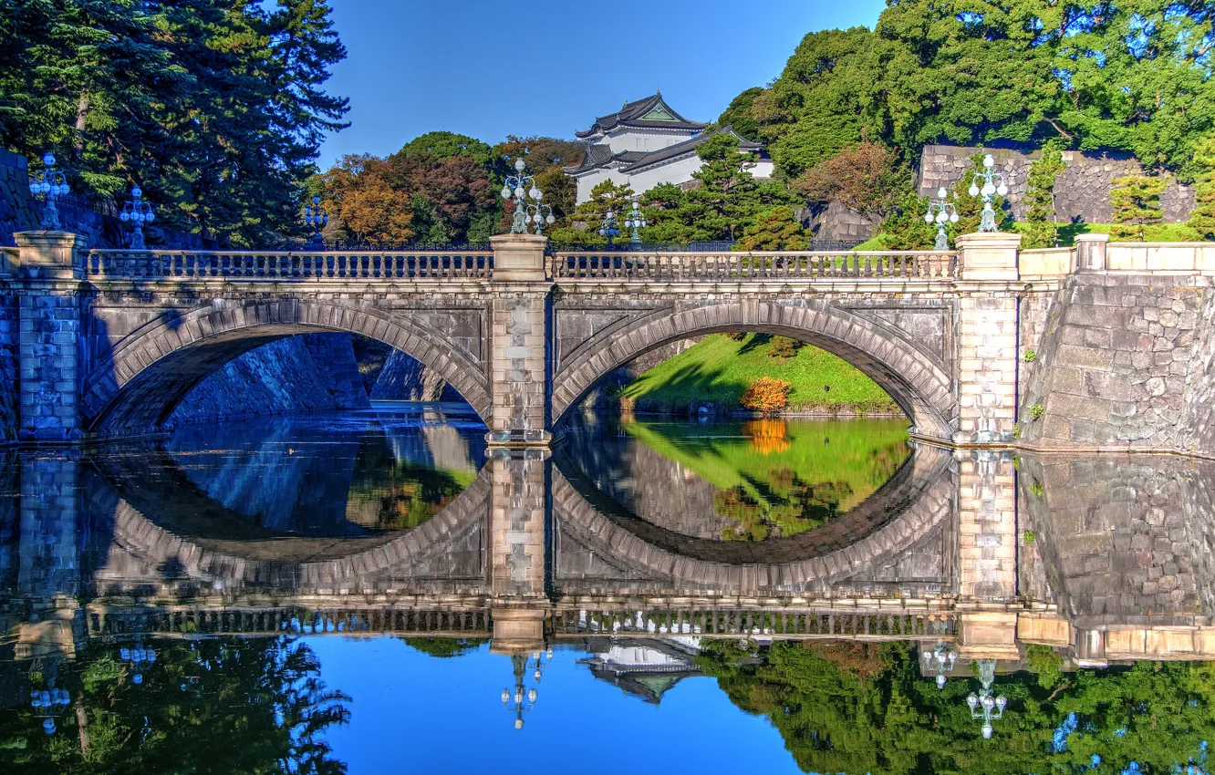 Фото обои вода, мост, отражение, Япония, Токио, Tokyo, Japan, дворец