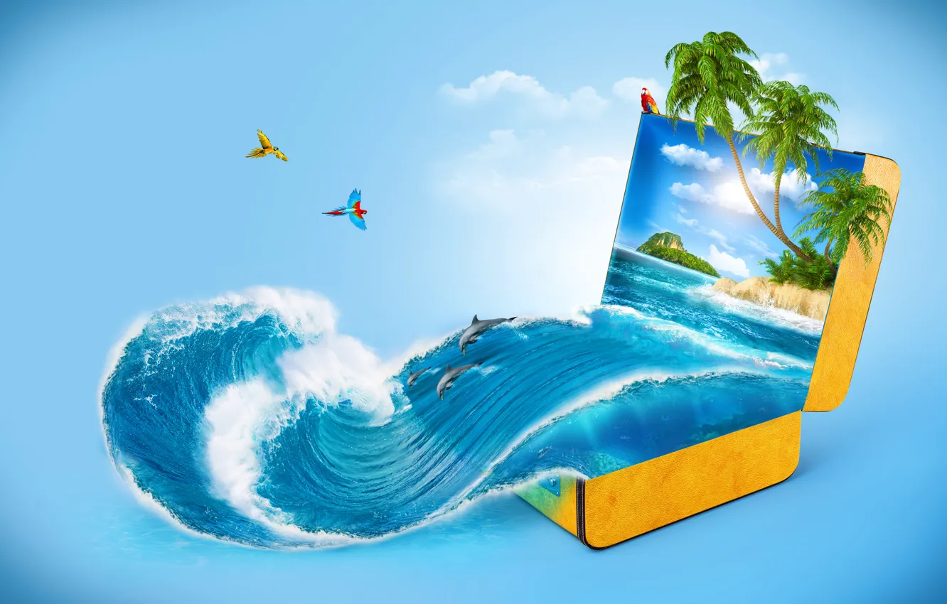 Фото обои море, пальмы, креатив, волна, дельфины, чемодан, попугаи