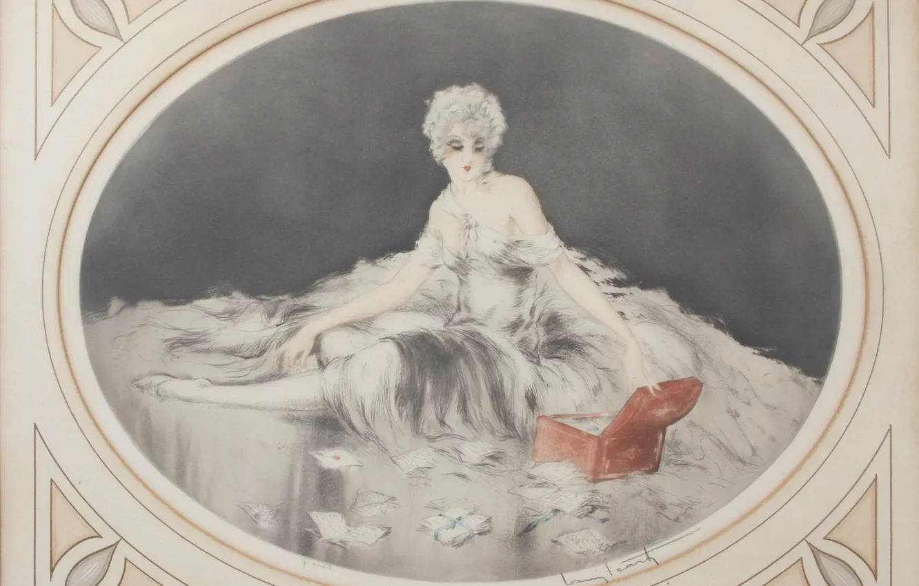 Фото обои 1926, Louis Icart, арт-деко, офорт и акватинта, красный сундук, Любовные письма