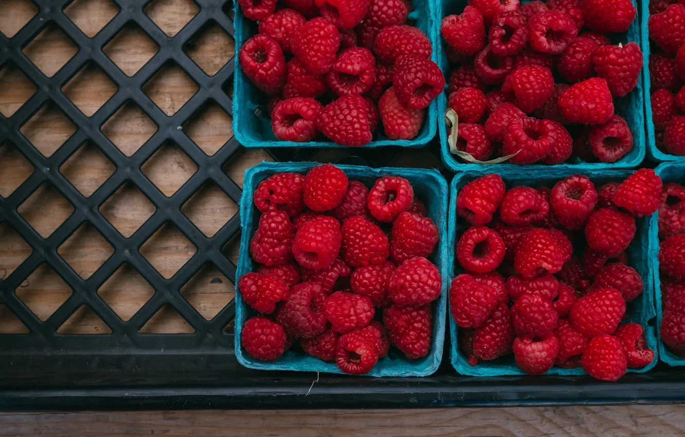 Фото обои ягоды, малина, еда, урожай, ящик, много, контейнеры, вкусно