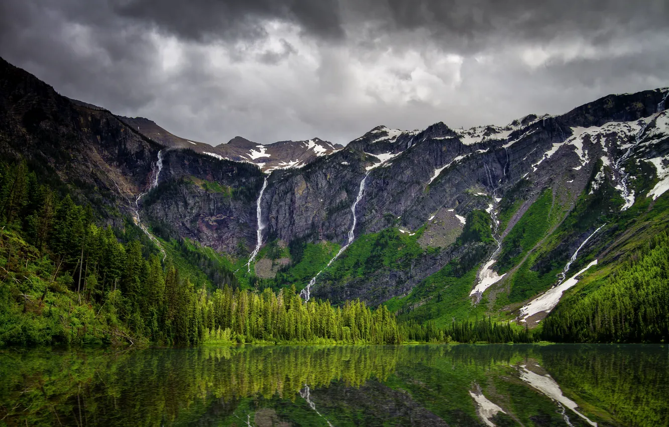 Фото обои деревья, тучи, природа, отражение, красота, Озеро, Национальный парк, Glacier
