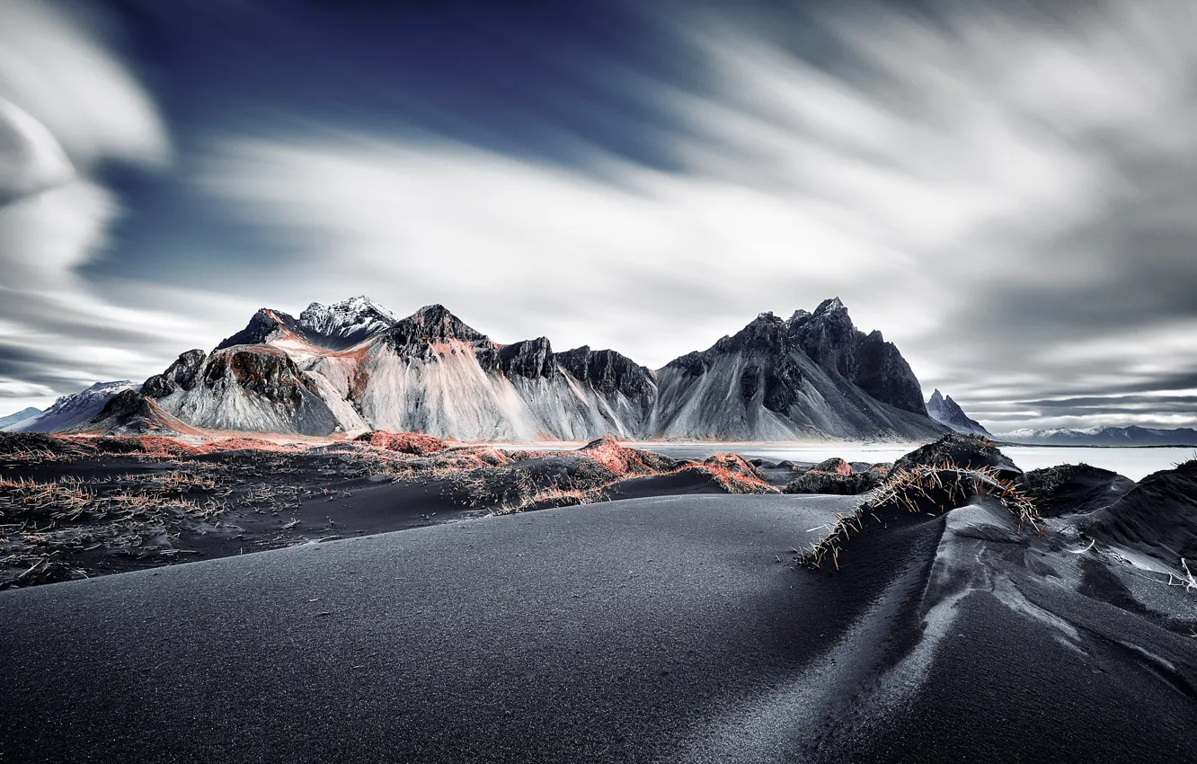 Фото обои горы, природа, берег, Vestrahorn Islande