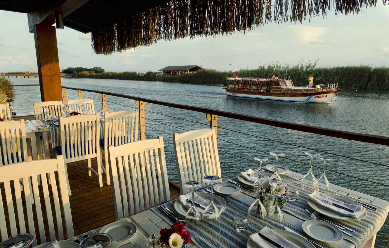 Фото обои река, лодка, ресторан, restaurant on the water