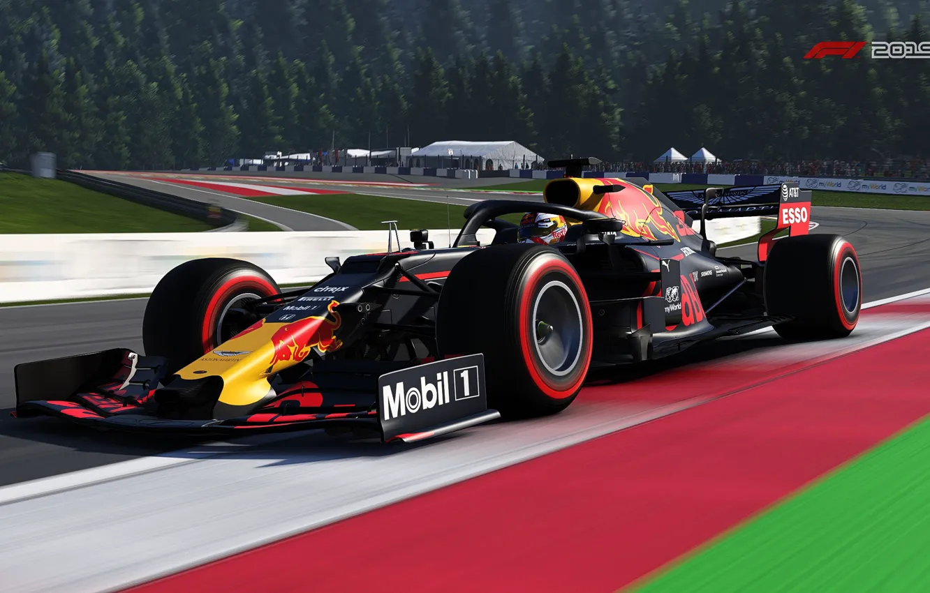 Фото обои скорость, трасса, поворот, трибуны, гоночный автомобиль, F1 2019, Red Bull RB15