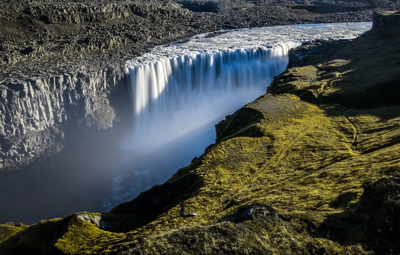 Фото обои брызги, река, поток, Исландия, водопад Деттифосс