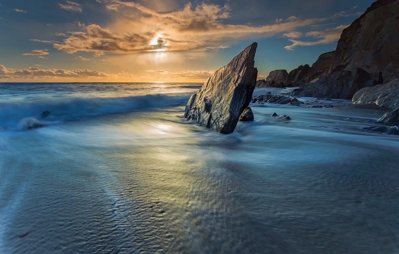 Фото обои море, закат, океан, скалы, волна, Англия, Devon, England