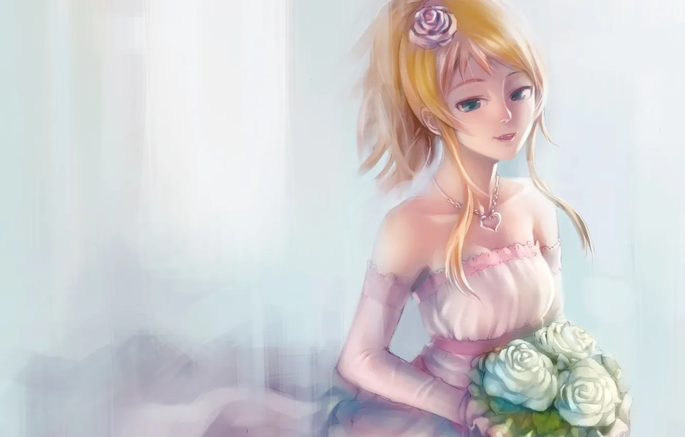 Фото обои девушка, розы, букет, платье, арт, невеста, ore no imouto ga konnani kawaii wake ga nai, …