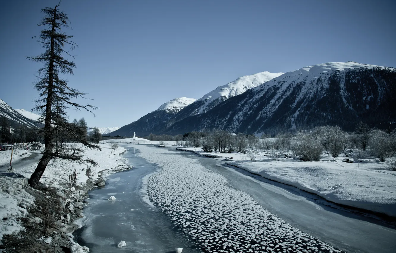 Фото обои река, Зима, лёд, долина, снежные вершины