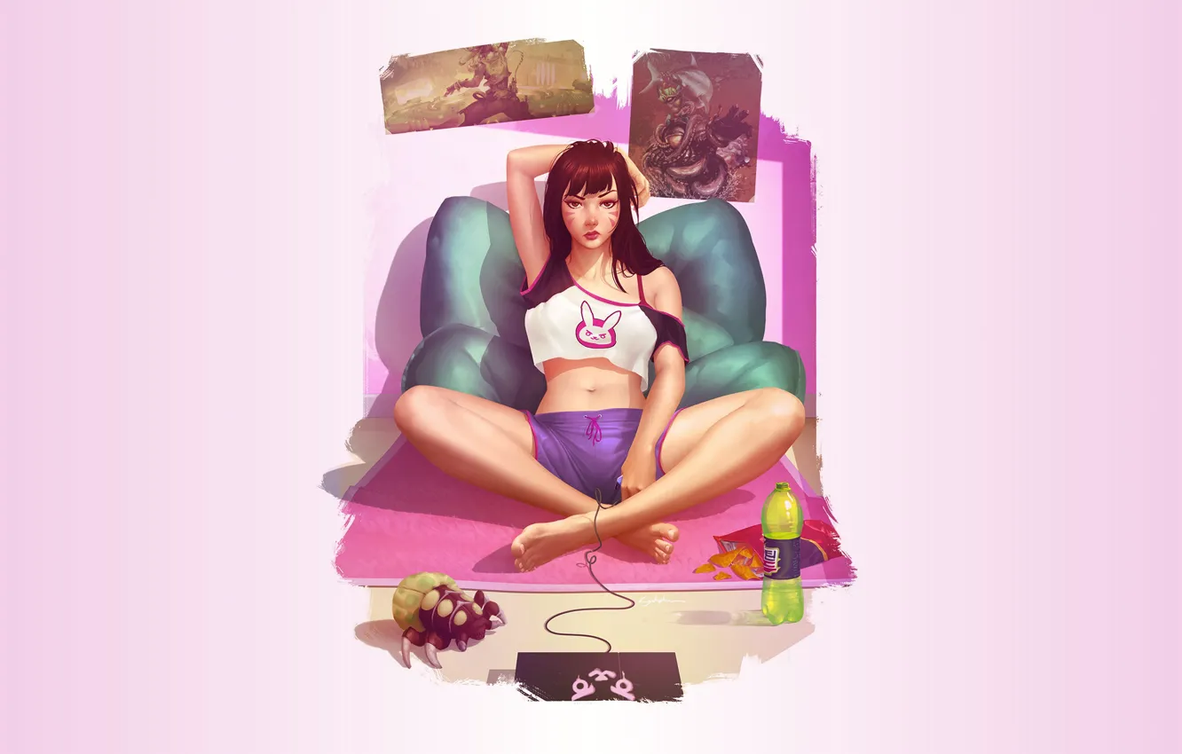 Фото обои long hair, brunette, belly, sitting, thighs, video games, bangs, belly button