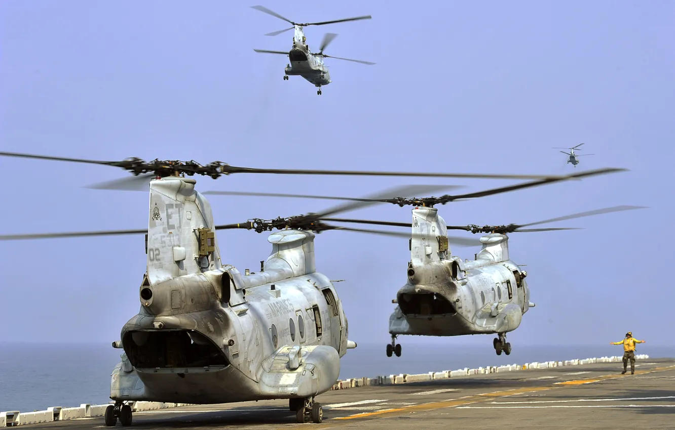 Фото обои Вертолет, Взлет, US Marine Corps, CH-46E Sea Knight