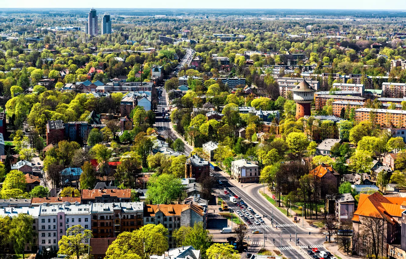 Фото обои деревья, город, дома, вид сверху, улицы, Латвия, Riga