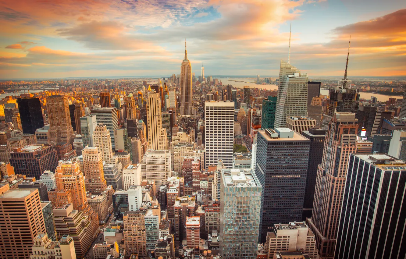 Фото обои город, USA, США, Нью Йорк, небоскрёбы, sunset, New York City, buildings