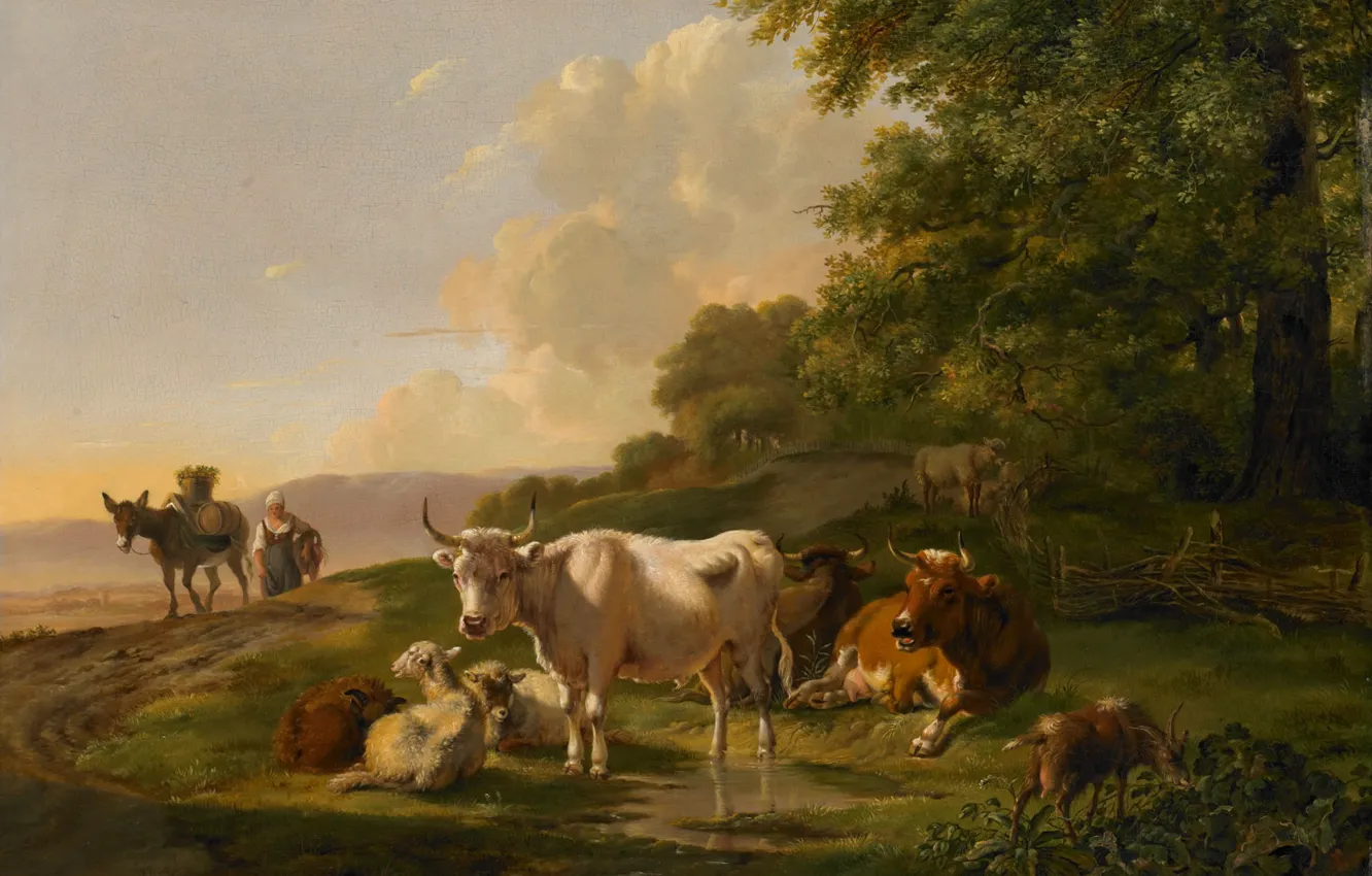 Фото обои животные, дерево, масло, корова, картина, Пейзаж с Крупным Рогатым Скотом, Питер Герардус ван Ос
