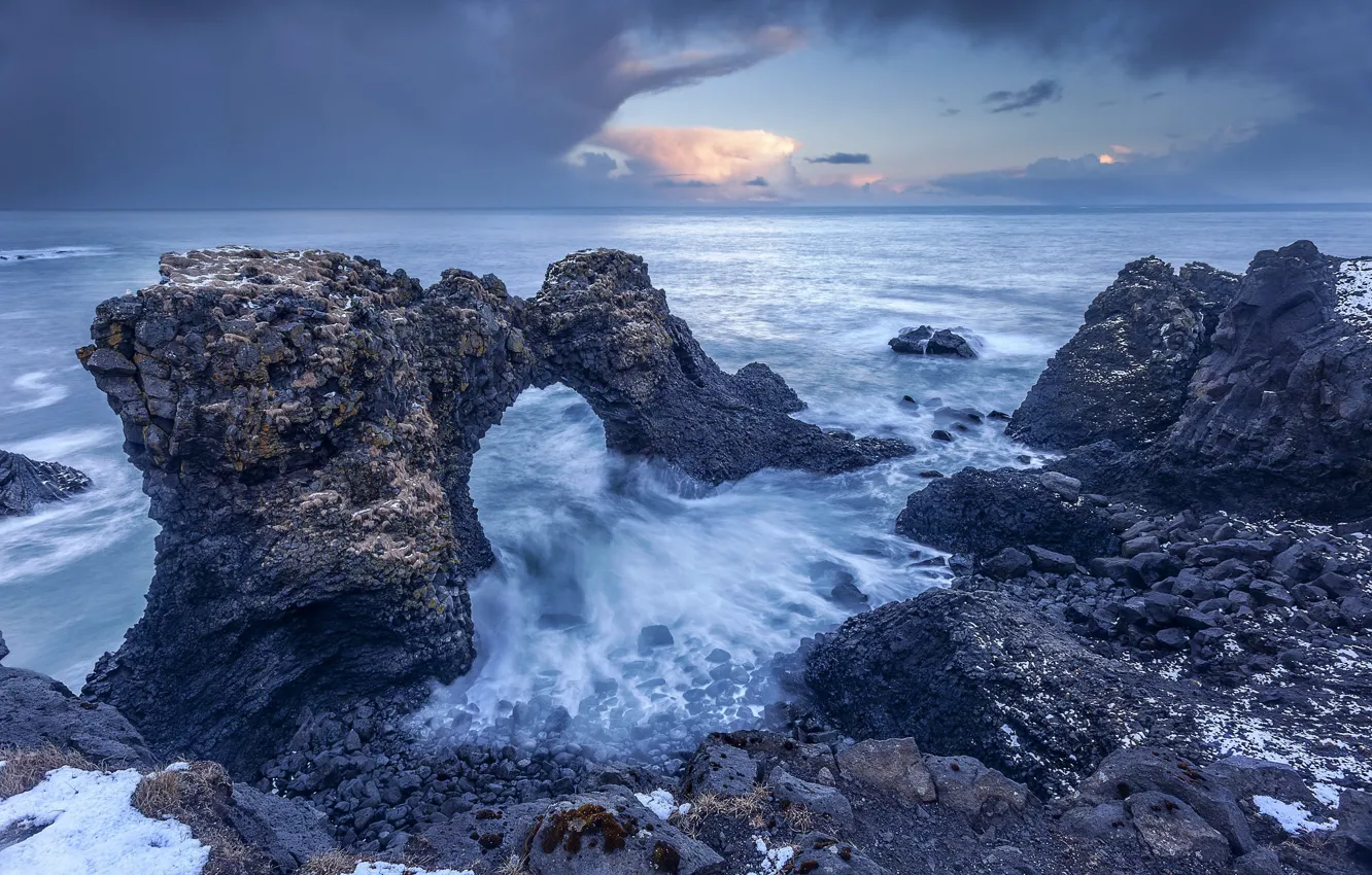 Фото обои море, рассвет, побережье, утро, арка