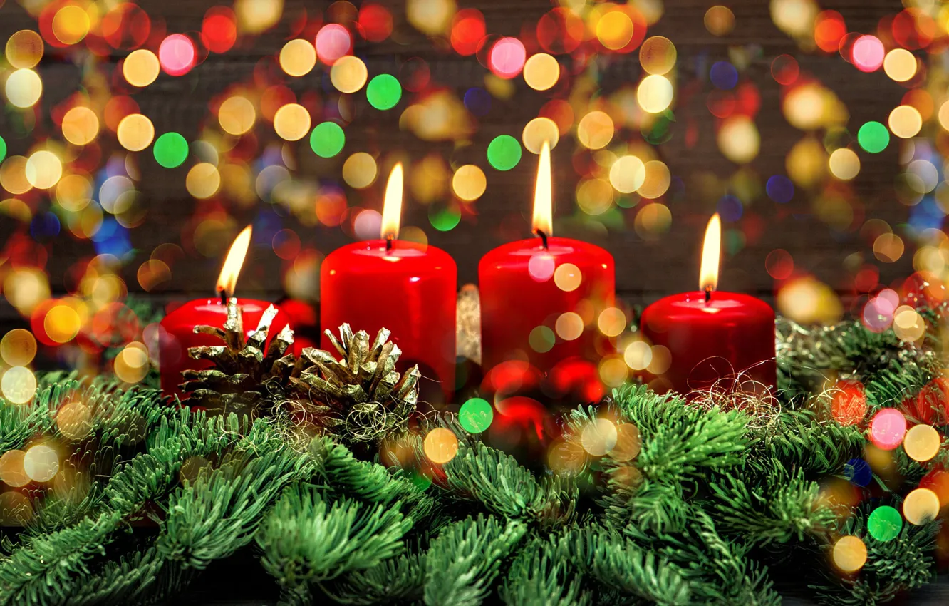 Фото обои ветки, праздник, новый год, рождество, ель, свечи, ёлка, хвоя