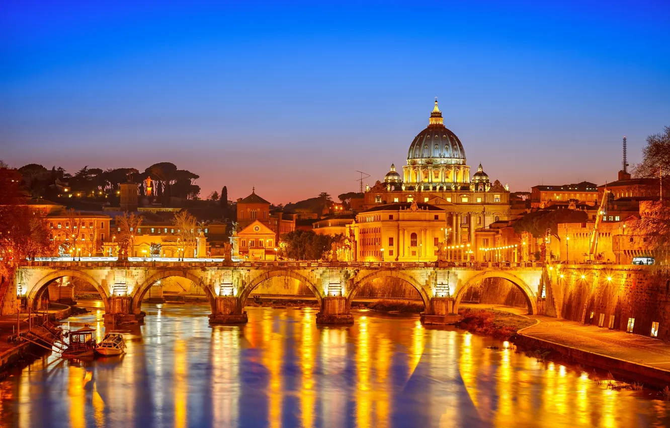 Фото обои ночь, мост, город, здание, Рим