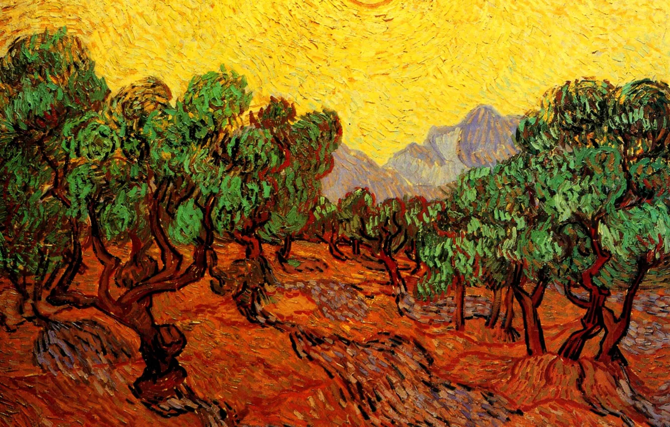 Фото обои солнце, деревья, горы, Винсент ван Гог, with Yellow Sky, and Sun, Olive Trees