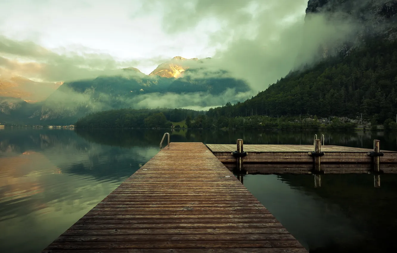 Фото обои пейзаж, горы, мост, туман, озеро