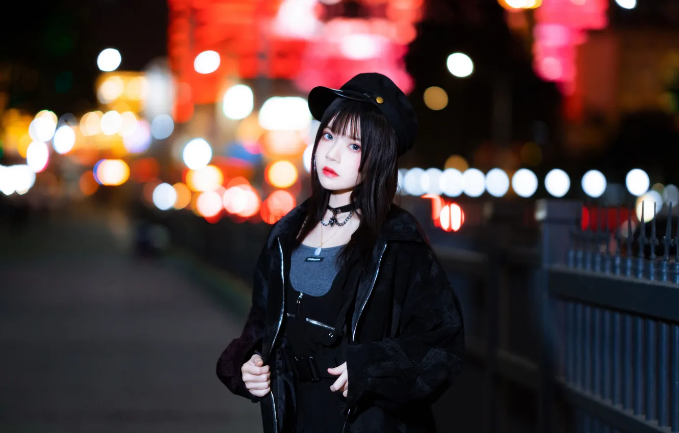 Фото обои Beautiful, Asian, Model, Lights, Night, Woman, Road, Jacket