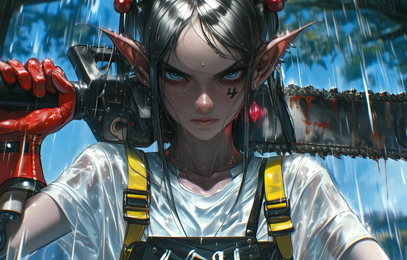 Фото обои girl, fantasy, rain, blue eyes, tattoo, digital art, fantasy art, Elf