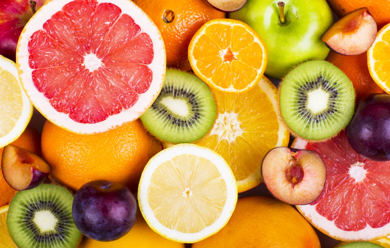 Фото обои яблоки, апельсины, киви, фрукты, fresh, грейпфрут, fruits, berries