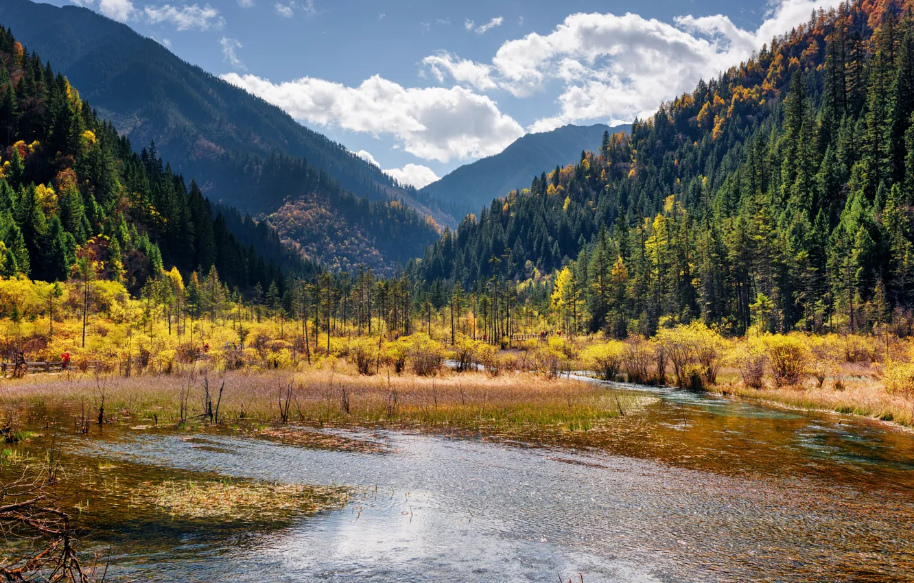 Фото обои Природа, Горы, Озеро, Лес, Китай, Парк, Пейзаж, Jiuzhai Valley National Park