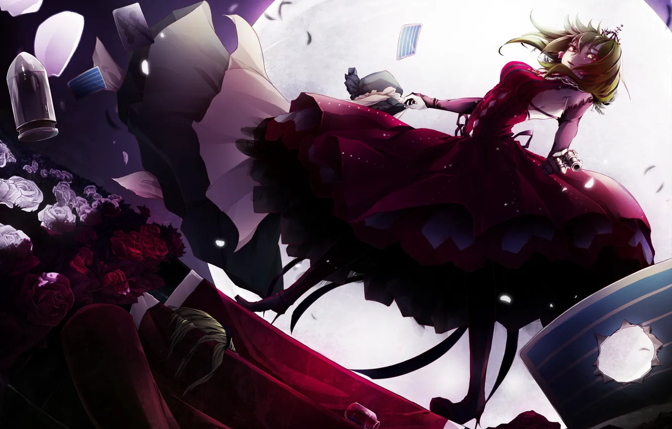 Фото обои девушка, розы, аниме, пуля, арт, красное платье, Vocaloid, Вокалоид