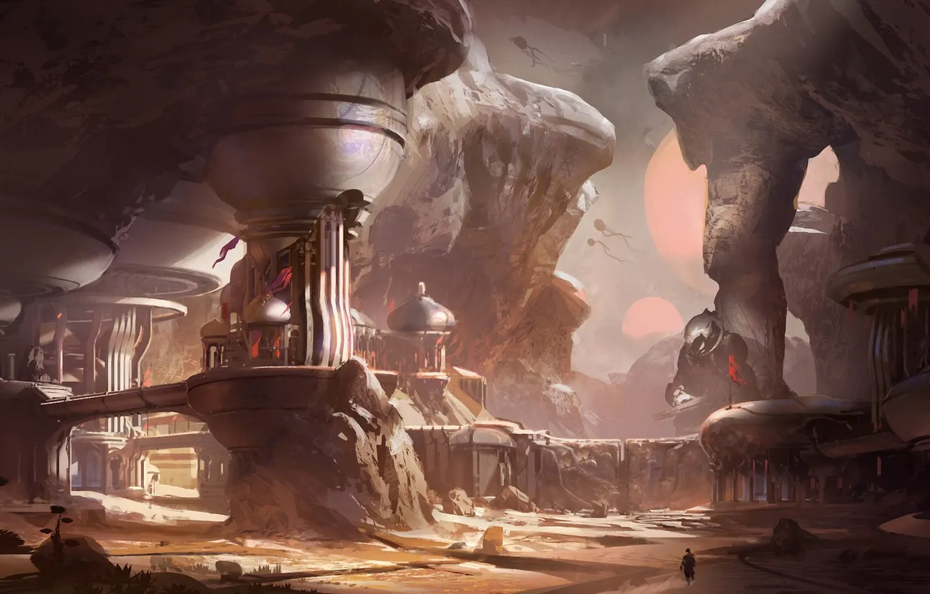 Фото обои город, скалы, пустыня, Concept Art, Halo 5