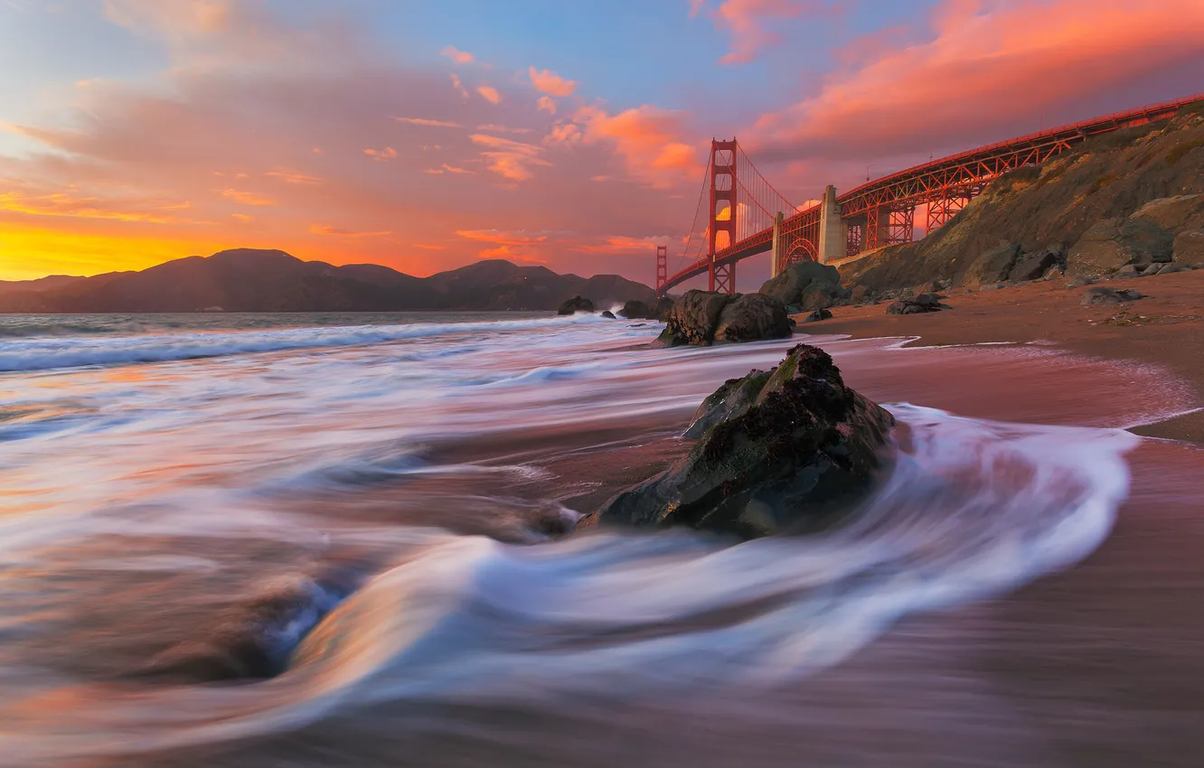 Фото обои небо, залив, Сан-Франциско, мост Золотые Ворота