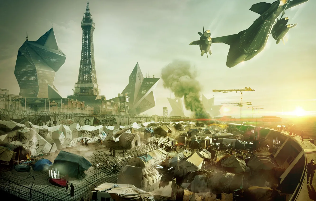 Фото обои город, эйфелева башня, париж, дома, Square Enix, art, deus ex, Deus Ex: Mankind Divided