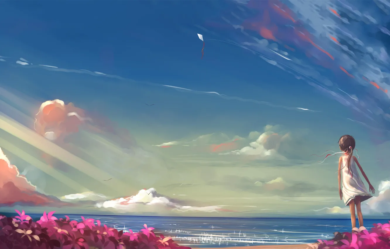 Фото обои пляж, лето, облака, цветы, ветер, воздушный змей, девочка