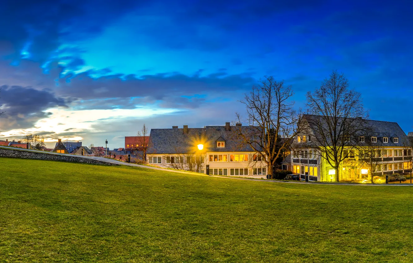 Фото обои трава, деревья, газон, дома, вечер, Германия, фонари, Goslar