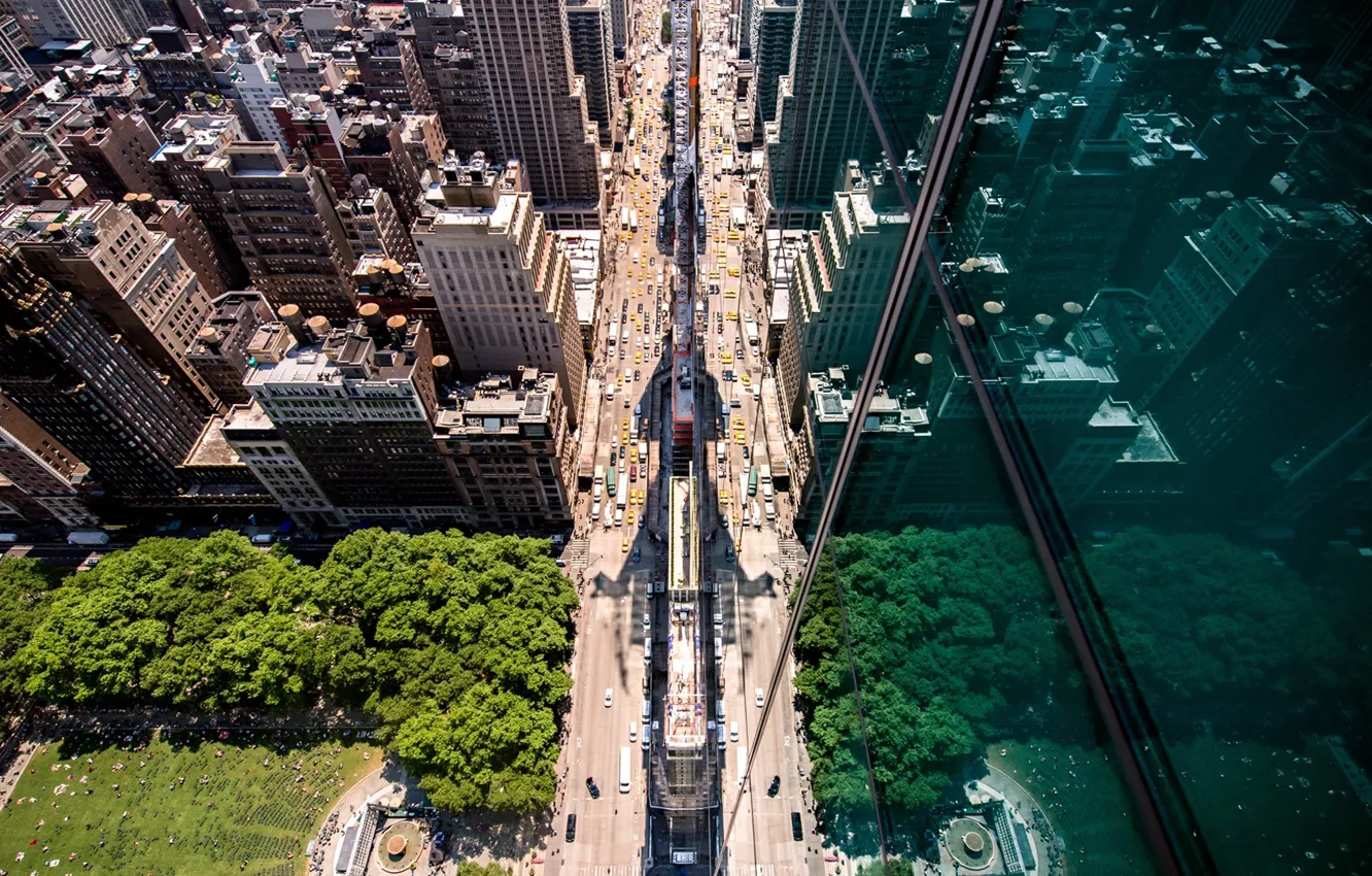 Фото обои город, отражение, улица, США, вид сверху, Нью - Йорк